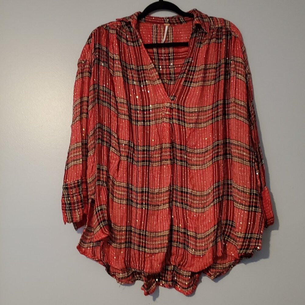 Free People Fearless Love Long Sleeve Sparkle Gauzy Plaid Pullover Shirt  Medium - Picture 4 of 9